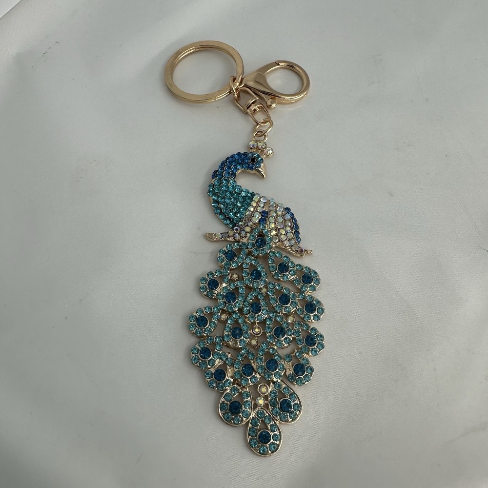 Rhinestone Peacock Keychain Gold Tone Blue Teal Sparkling Purse Charm New